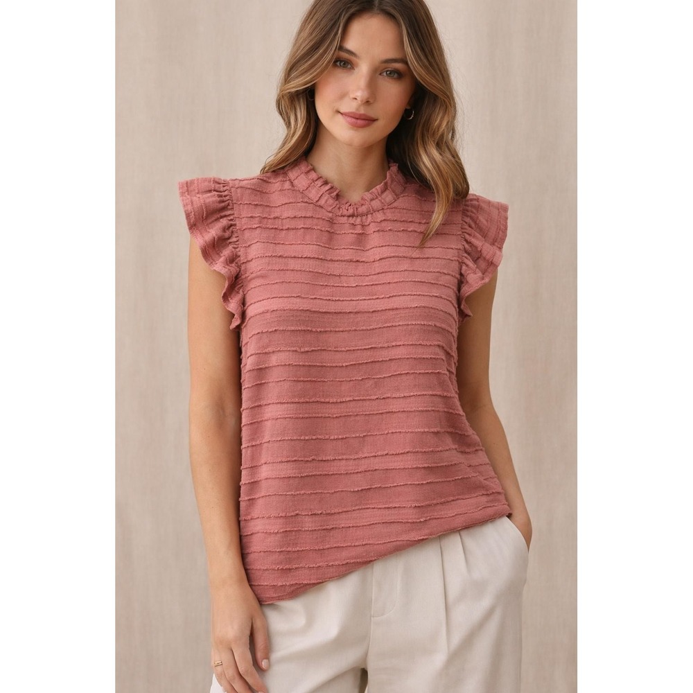VOY Ruffle Flutter Sleeve‎ Textured Stripe Top Dusty Rose Size S Boho Blouse